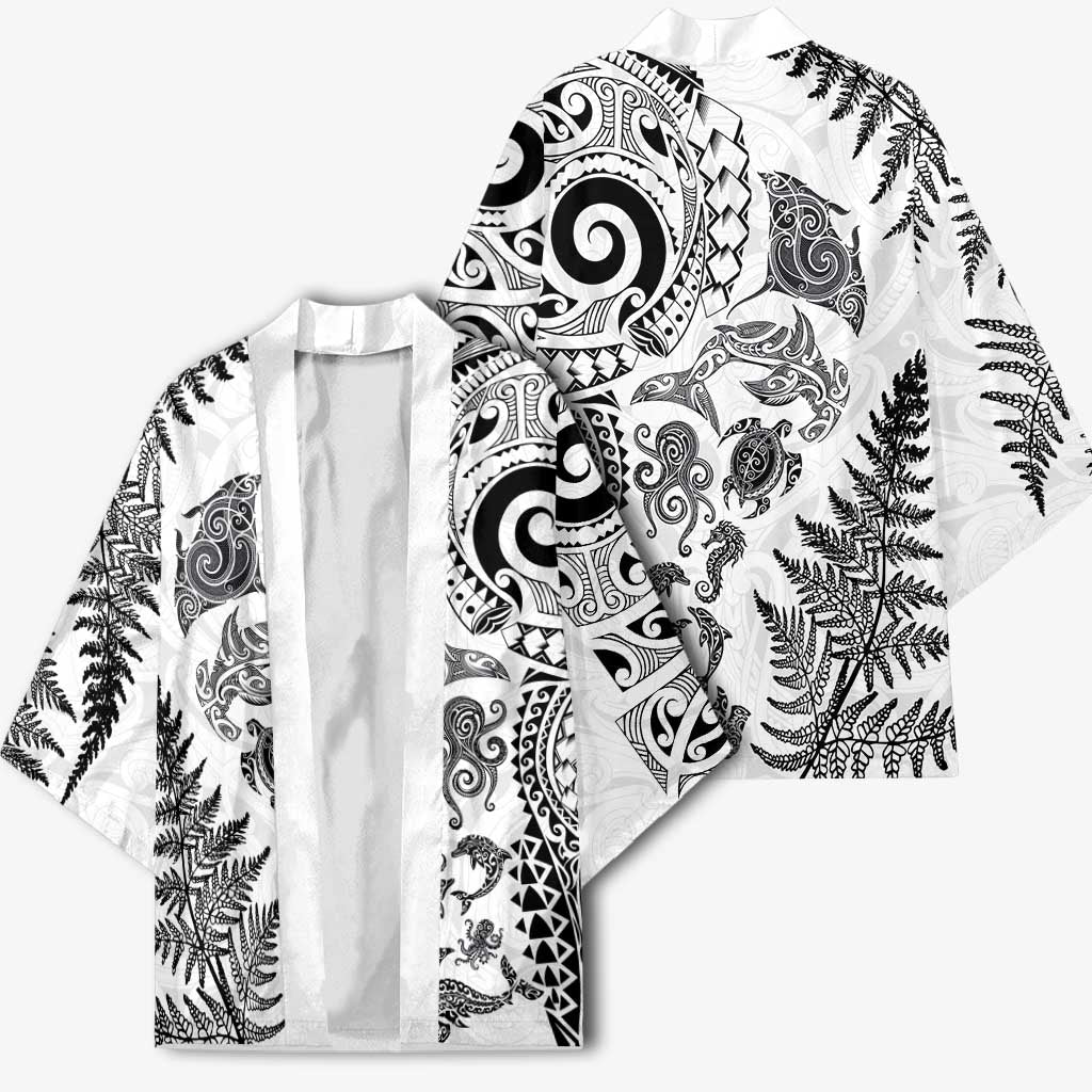 New Zealand Sea Animals Kimono with Maori Koru Tribal Tattoo and Silver Ferns White Color LT03 - Polynesian Pride