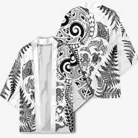 New Zealand Sea Animals Kimono with Maori Koru Tribal Tattoo and Silver Ferns White Color LT03 - Polynesian Pride