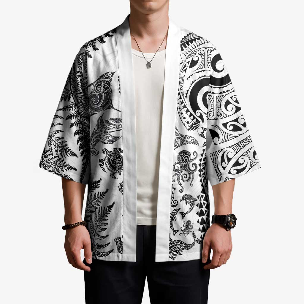 New Zealand Sea Animals Kimono with Maori Koru Tribal Tattoo and Silver Ferns White Color LT03 - Polynesian Pride