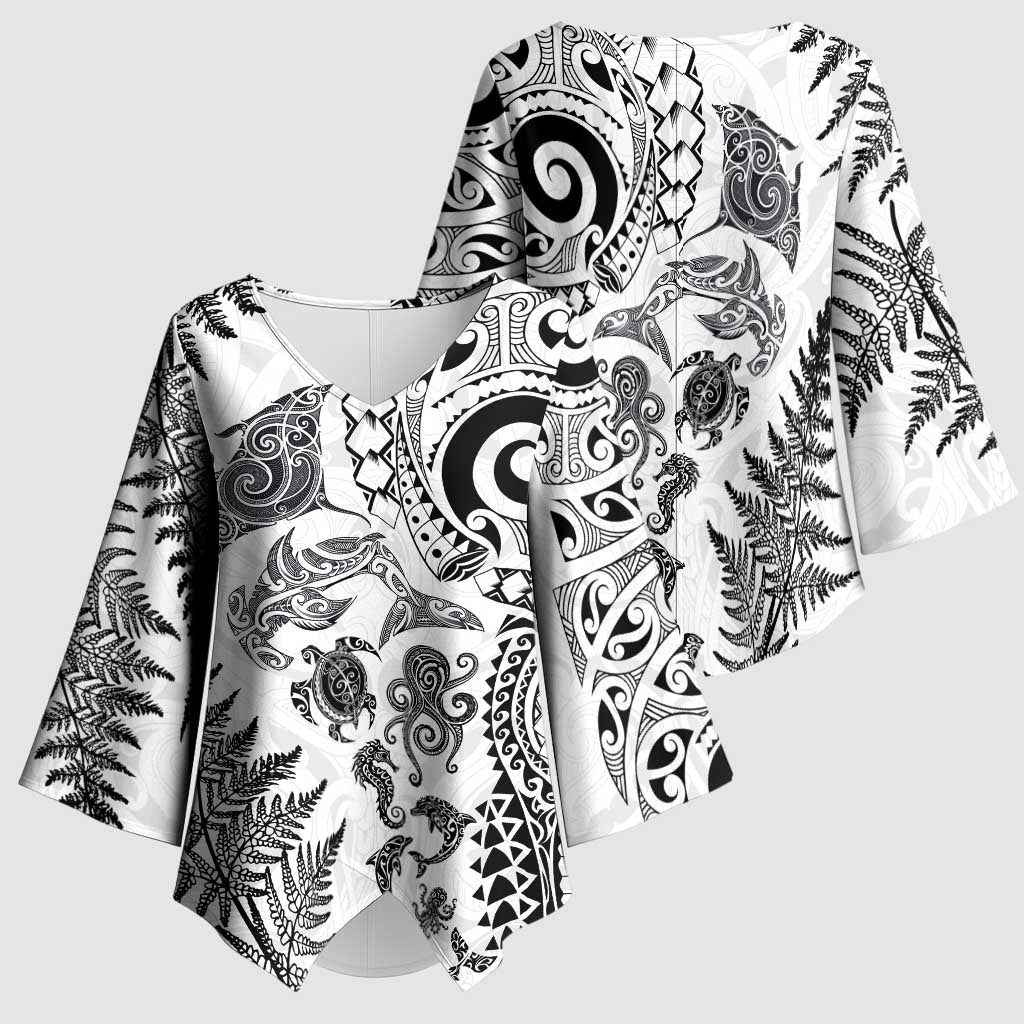 New Zealand Sea Animals Kimono Sleeve Blouse with Maori Koru Tribal Tattoo and Silver Ferns White Color LT03 - Polynesian Pride