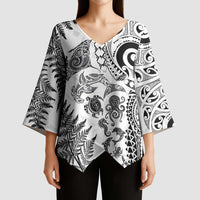 New Zealand Sea Animals Kimono Sleeve Blouse with Maori Koru Tribal Tattoo and Silver Ferns White Color LT03 - Polynesian Pride