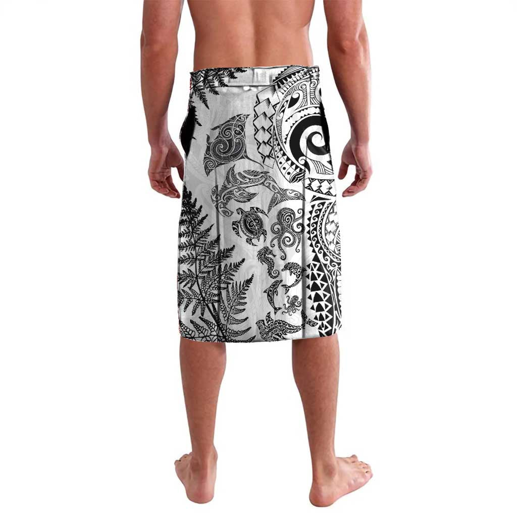 New Zealand Sea Animals Lavalava with Maori Koru Tribal Tattoo and Silver Ferns White Color LT03 - Polynesian Pride