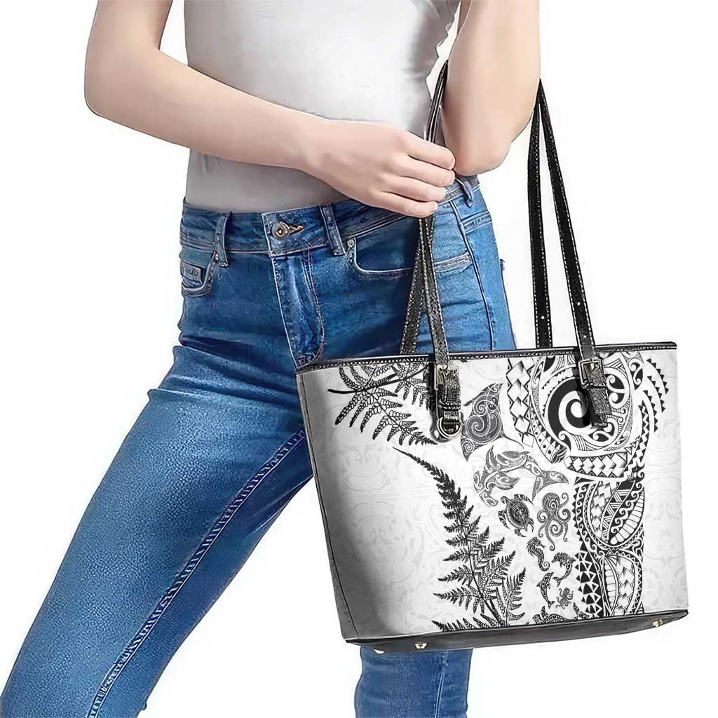 New Zealand Sea Animals Leather Tote Bag with Maori Koru Tribal Tattoo and Silver Ferns White Color LT03 - Polynesian Pride