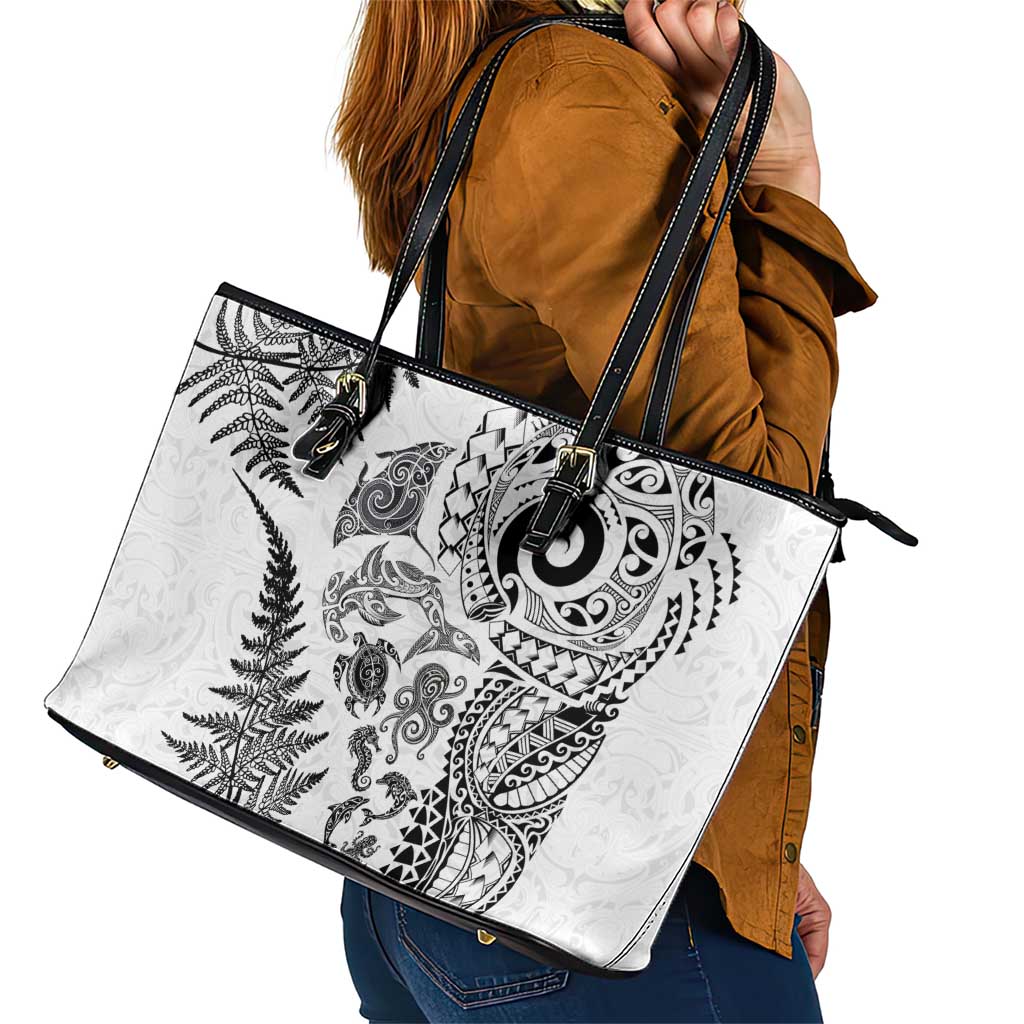 New Zealand Sea Animals Leather Tote Bag with Maori Koru Tribal Tattoo and Silver Ferns White Color LT03 - Polynesian Pride