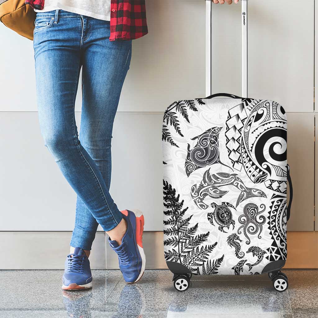 New Zealand Sea Animals Luggage Cover with Maori Koru Tribal Tattoo and Silver Ferns White Color LT03 - Polynesian Pride