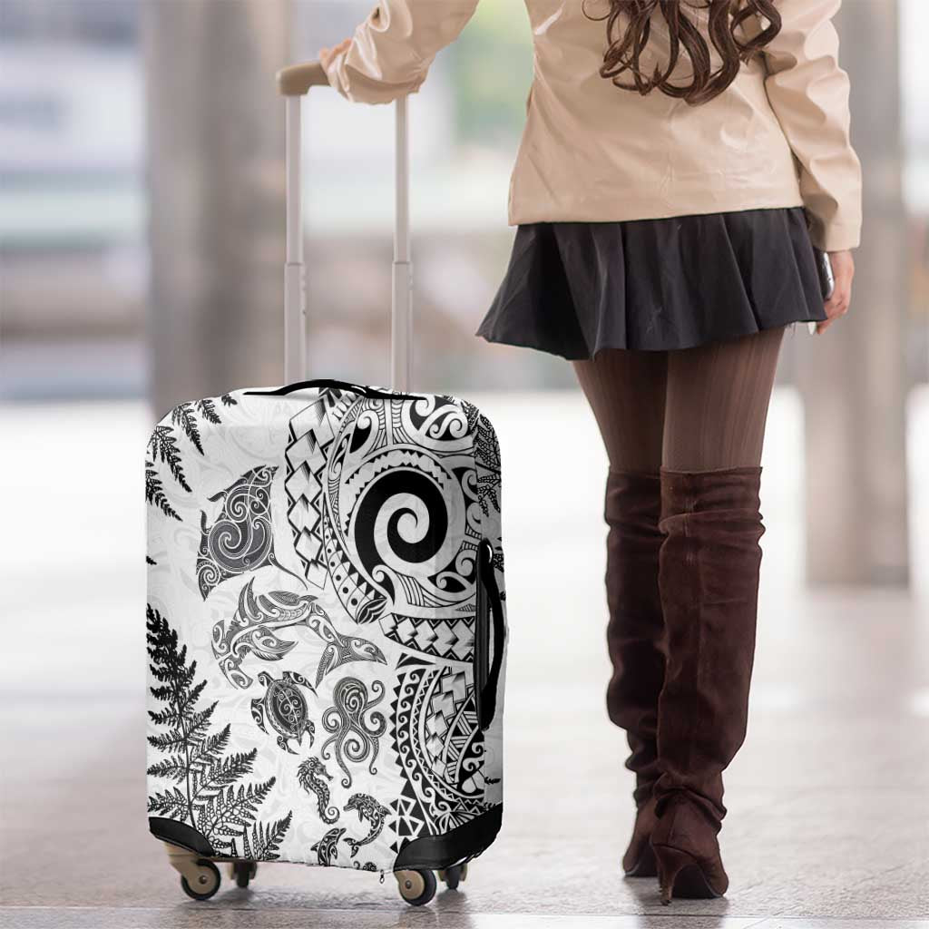 New Zealand Sea Animals Luggage Cover with Maori Koru Tribal Tattoo and Silver Ferns White Color LT03 - Polynesian Pride
