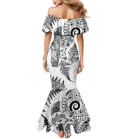 New Zealand Sea Animals Mermaid Dress with Maori Koru Tribal Tattoo and Silver Ferns White Color LT03 - Polynesian Pride