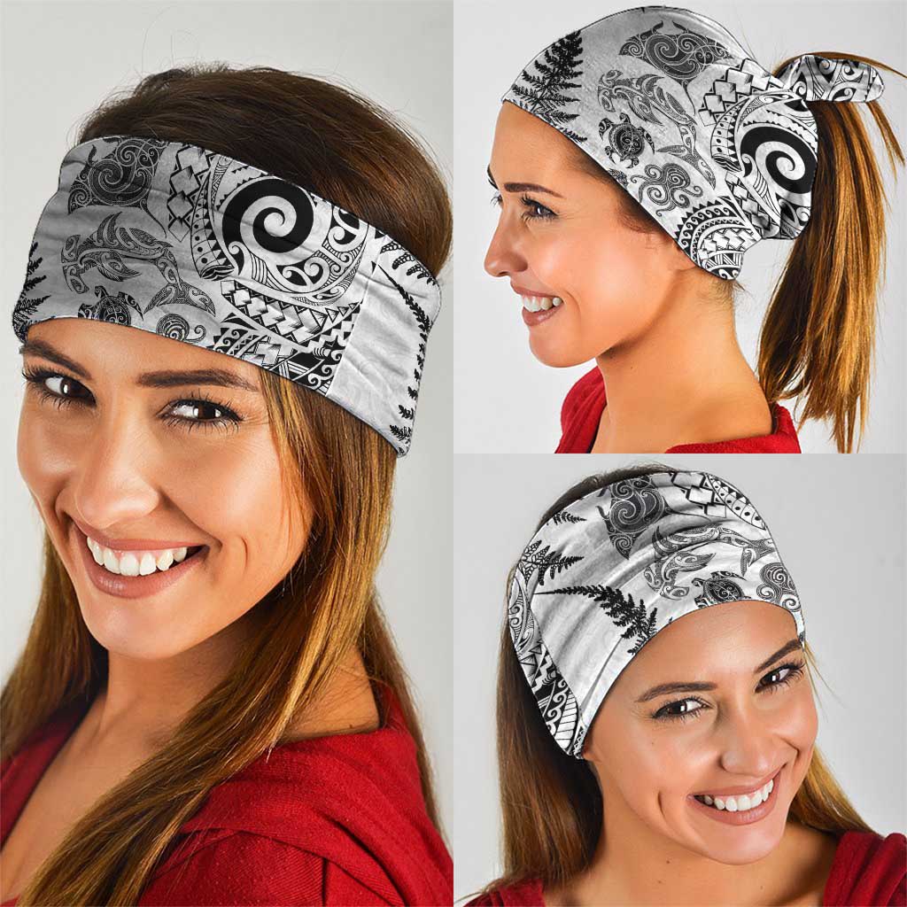 New Zealand Sea Animals Neck Gaiter with Maori Koru Tribal Tattoo and Silver Ferns White Color LT03 - Polynesian Pride