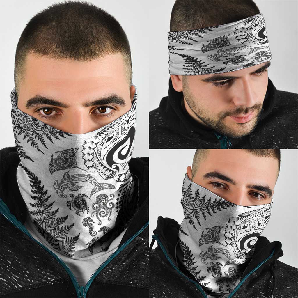 New Zealand Sea Animals Neck Gaiter with Maori Koru Tribal Tattoo and Silver Ferns White Color LT03 - Polynesian Pride