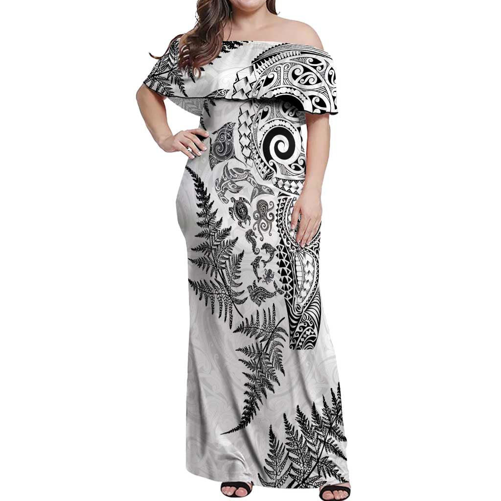 New Zealand Sea Animals Off Shoulder Maxi Dress with Maori Koru Tribal Tattoo and Silver Ferns White Color LT03 Women White - Polynesian Pride