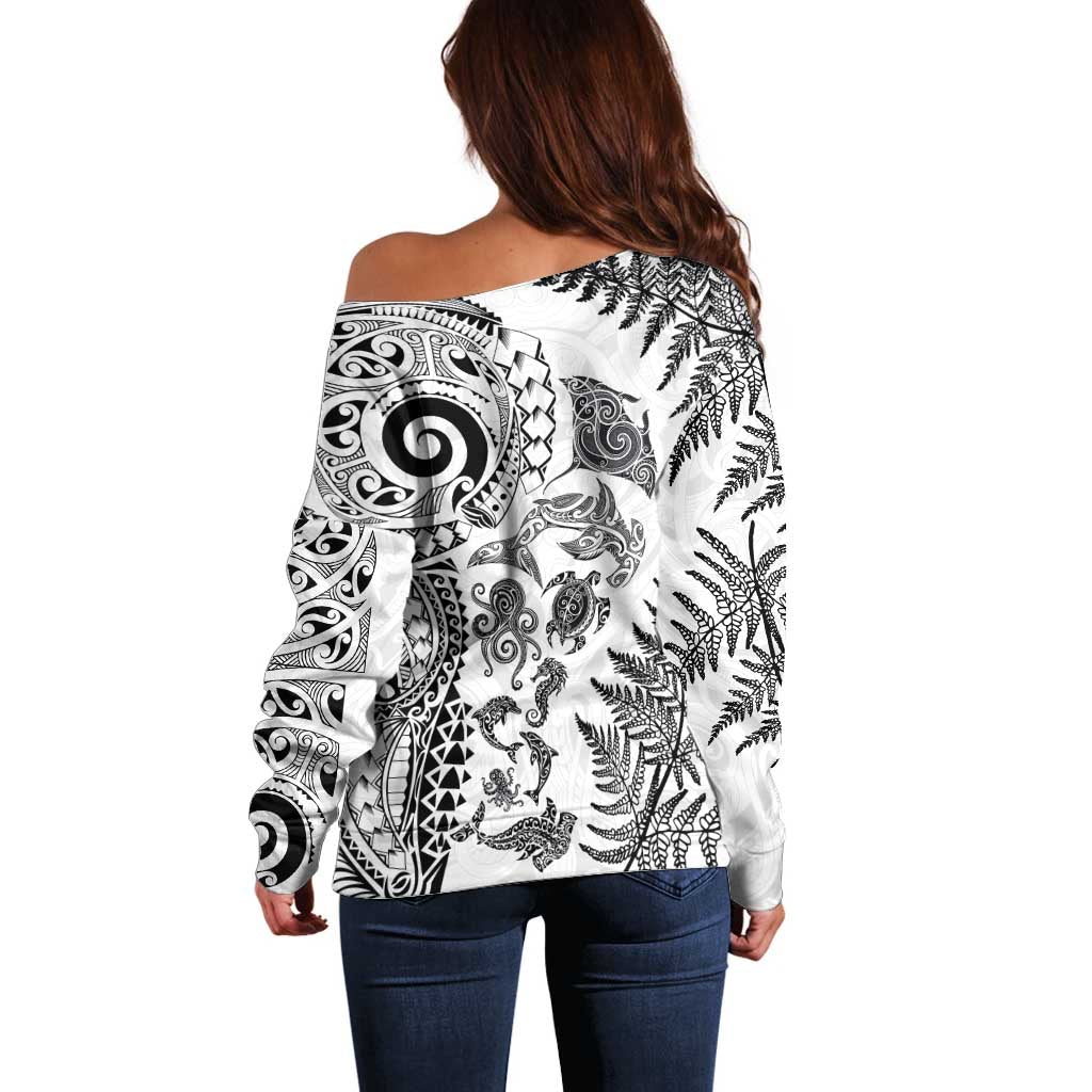 New Zealand Sea Animals Off Shoulder Sweater with Maori Koru Tribal Tattoo and Silver Ferns White Color LT03 - Polynesian Pride