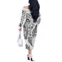 New Zealand Sea Animals Off The Shoulder Long Sleeve Dress with Maori Koru Tribal Tattoo and Silver Ferns White Color LT03 - Polynesian Pride