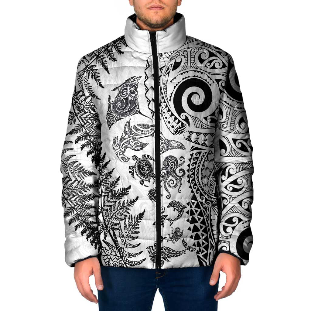 New Zealand Sea Animals Padded Jacket with Maori Koru Tribal Tattoo and Silver Ferns White Color