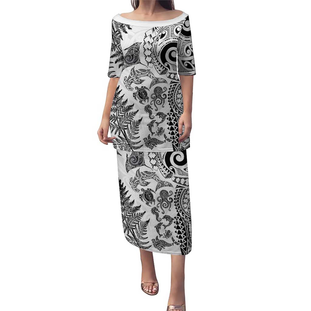 New Zealand Sea Animals Puletasi with Maori Koru Tribal Tattoo and Silver Ferns White Color