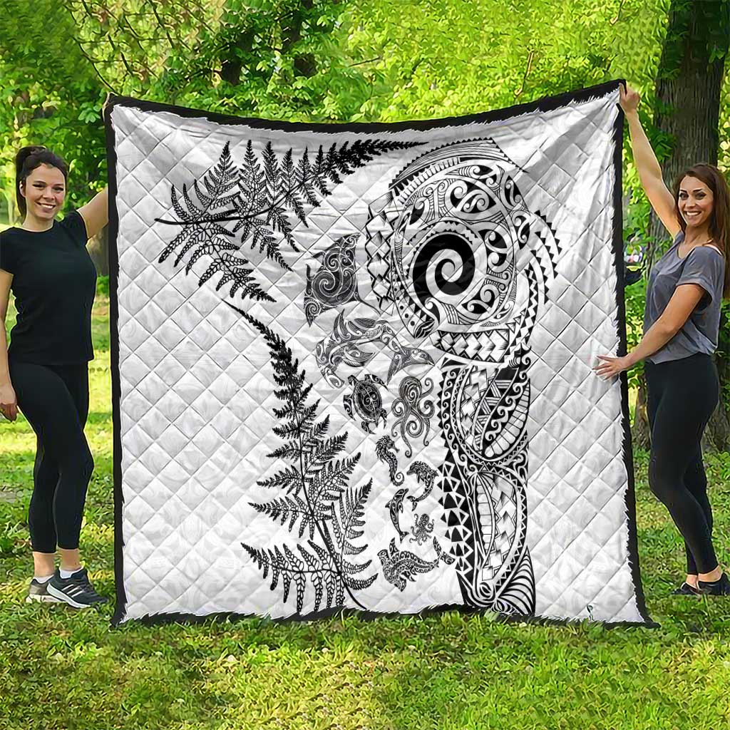 New Zealand Sea Animals Quilt with Maori Koru Tribal Tattoo and Silver Ferns White Color LT03 - Polynesian Pride