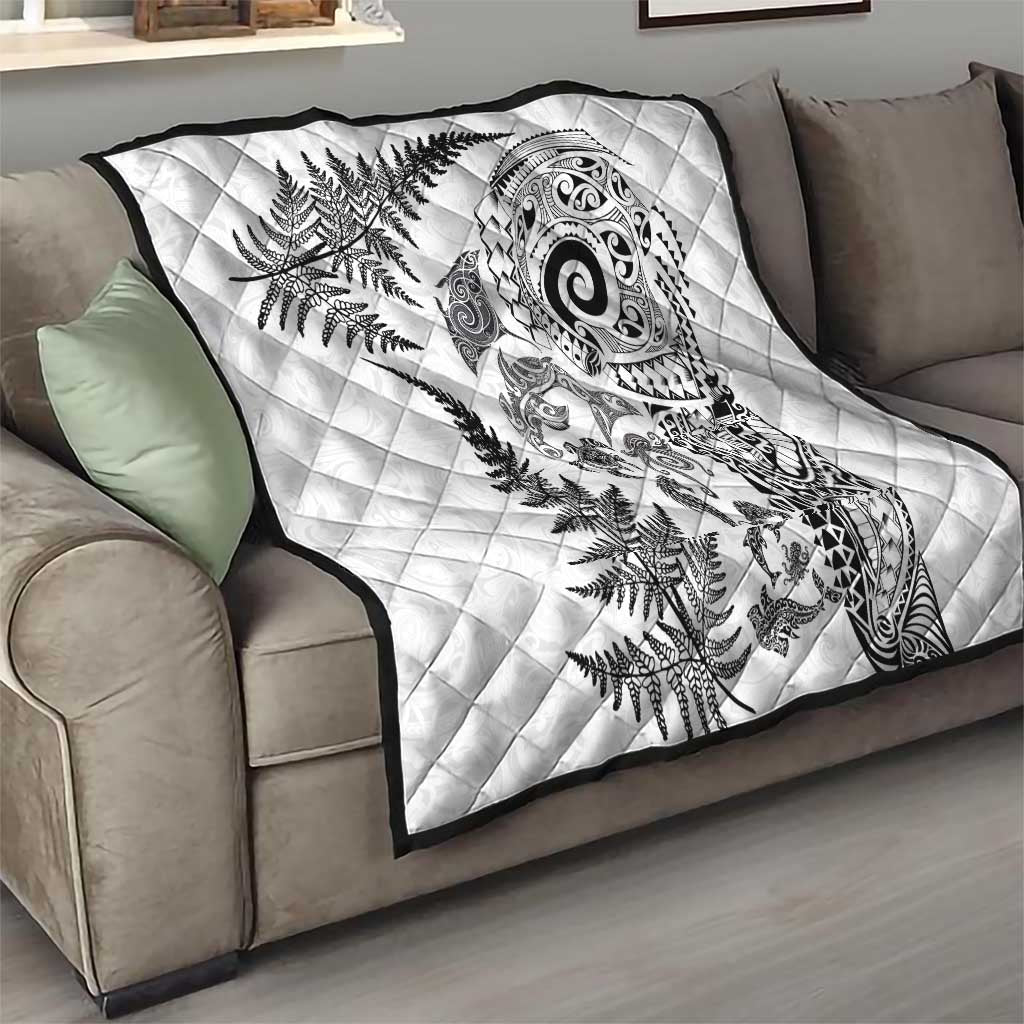 New Zealand Sea Animals Quilt with Maori Koru Tribal Tattoo and Silver Ferns White Color LT03 - Polynesian Pride