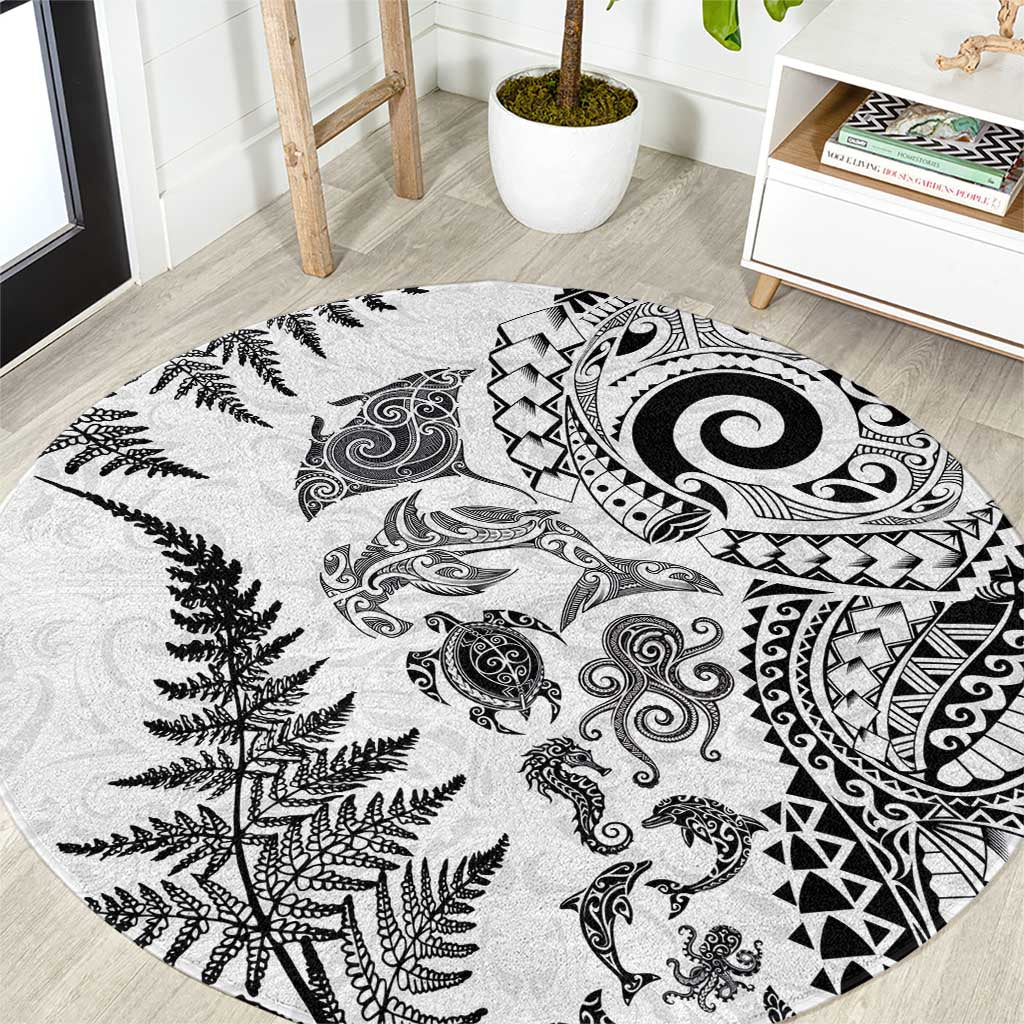 New Zealand Sea Animals Round Carpet with Maori Koru Tribal Tattoo and Silver Ferns White Color LT03 White - Polynesian Pride
