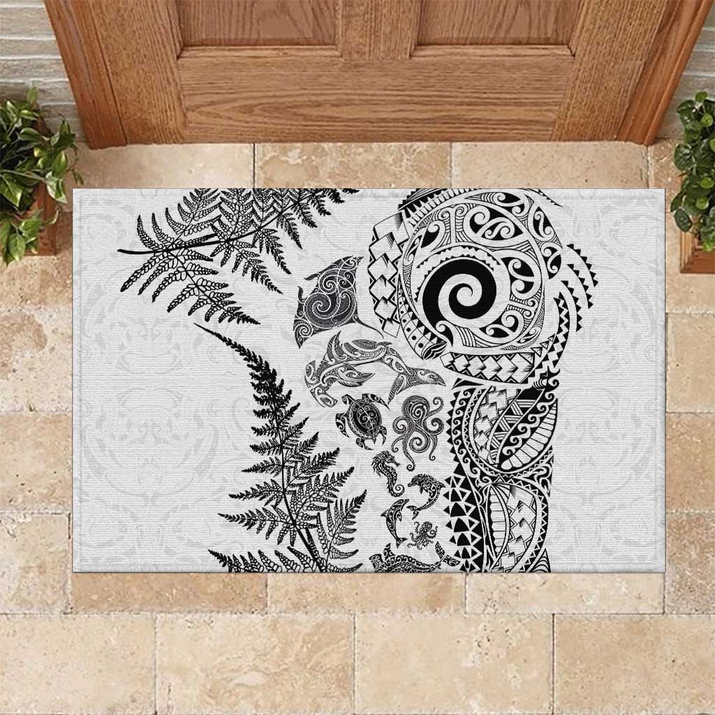 New Zealand Sea Animals Rubber Doormat with Maori Koru Tribal Tattoo and Silver Ferns White Color