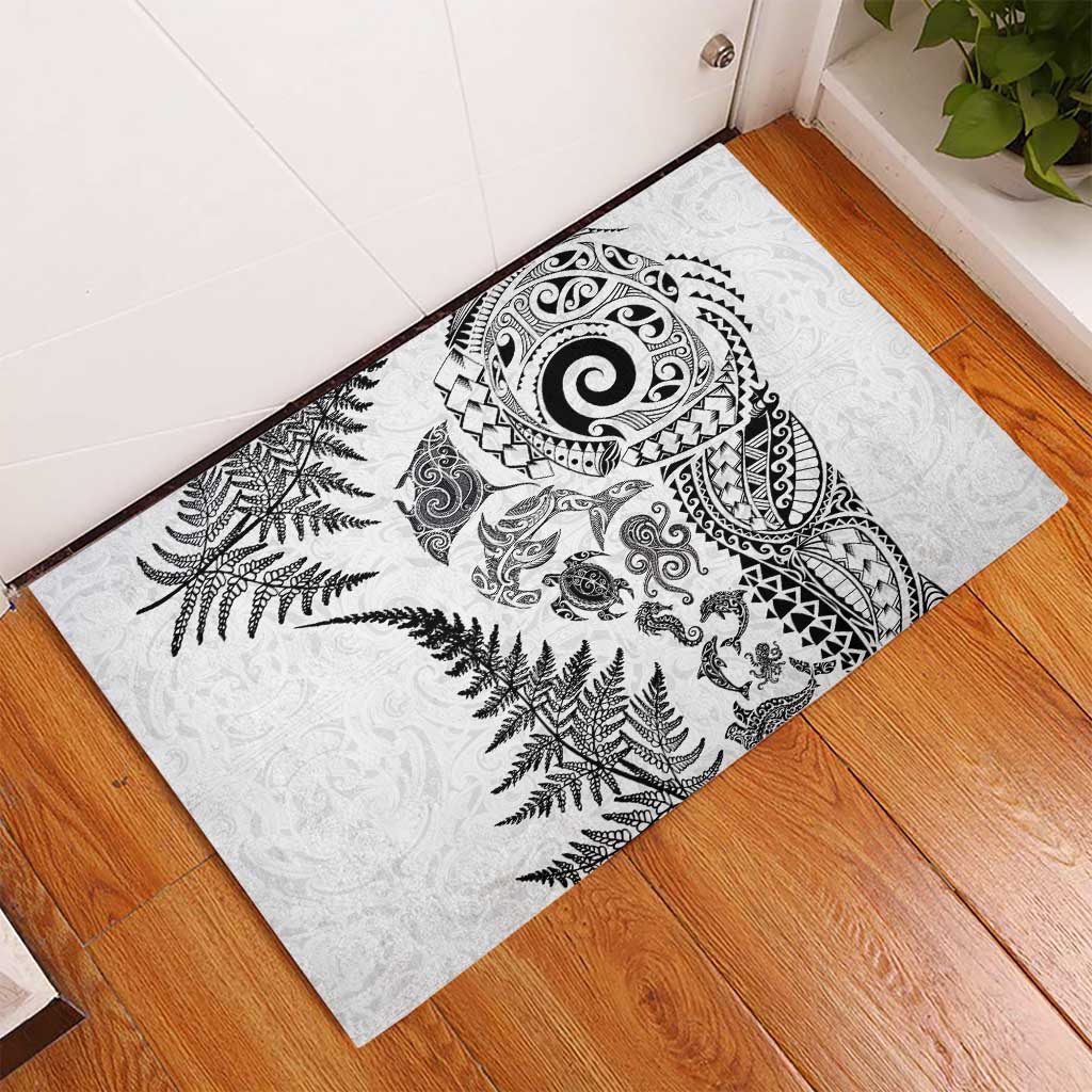 New Zealand Sea Animals Rubber Doormat with Maori Koru Tribal Tattoo and Silver Ferns White Color
