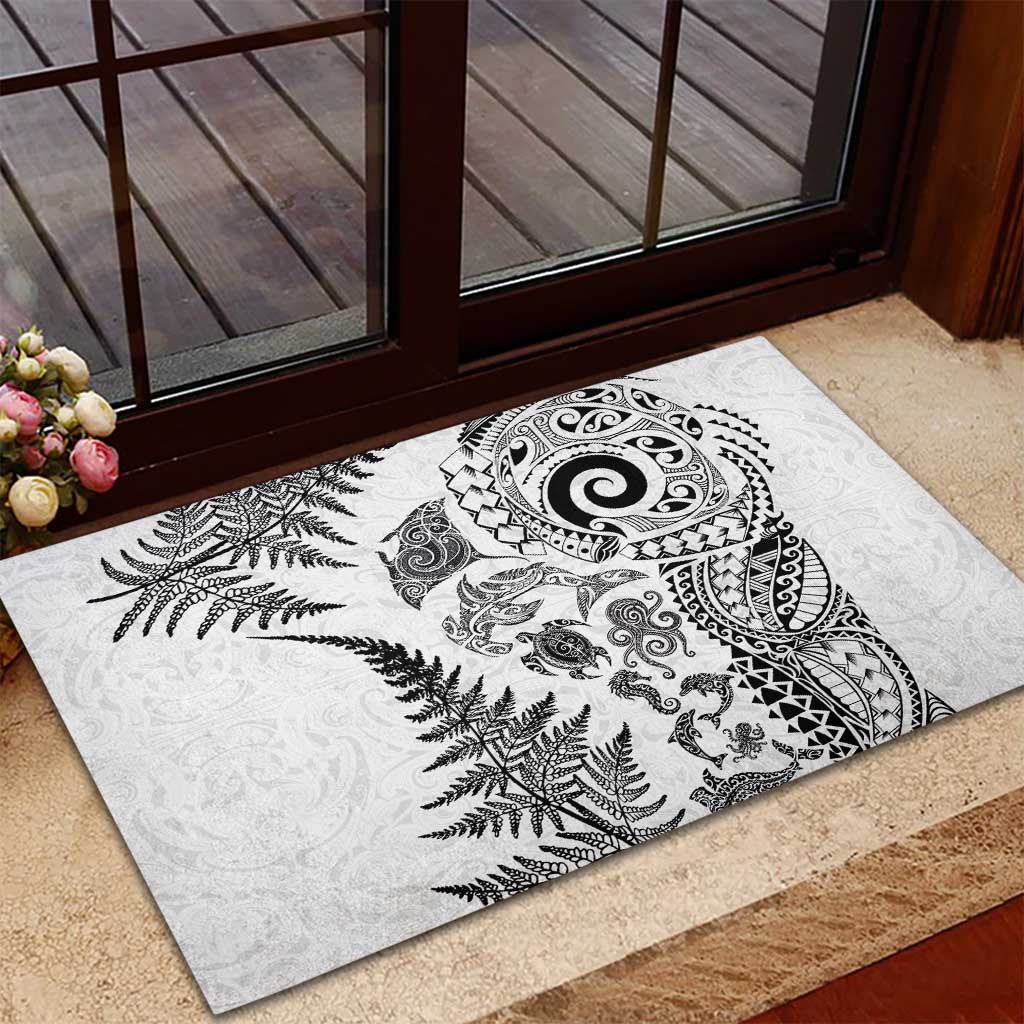 New Zealand Sea Animals Rubber Doormat with Maori Koru Tribal Tattoo and Silver Ferns White Color