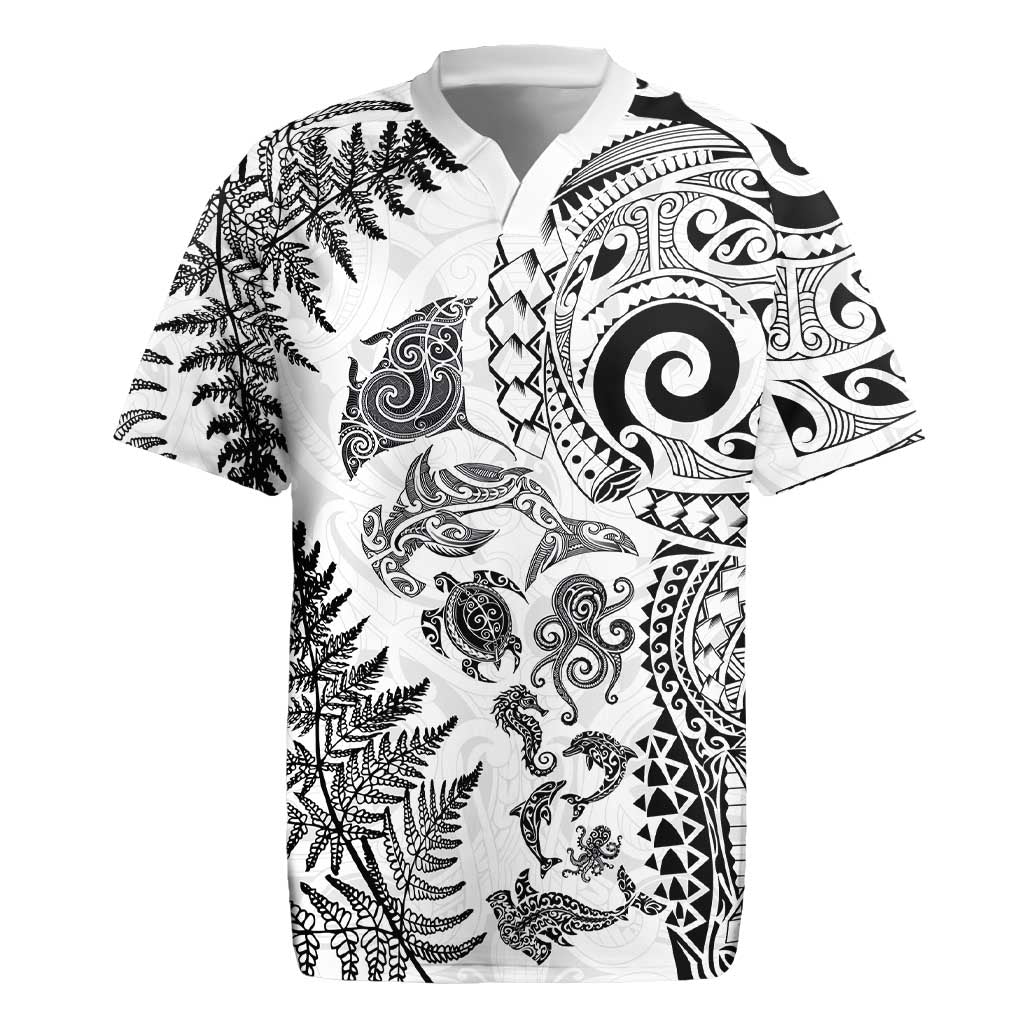 New Zealand Sea Animals Rugby Jersey with Maori Koru Tribal Tattoo and Silver Ferns White Color LT03 White - Polynesian Pride