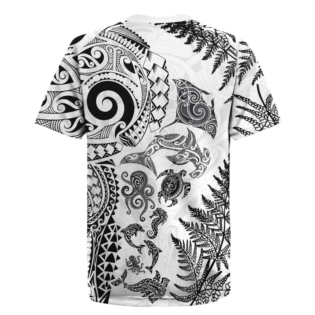 New Zealand Sea Animals Rugby Jersey with Maori Koru Tribal Tattoo and Silver Ferns White Color LT03 - Polynesian Pride