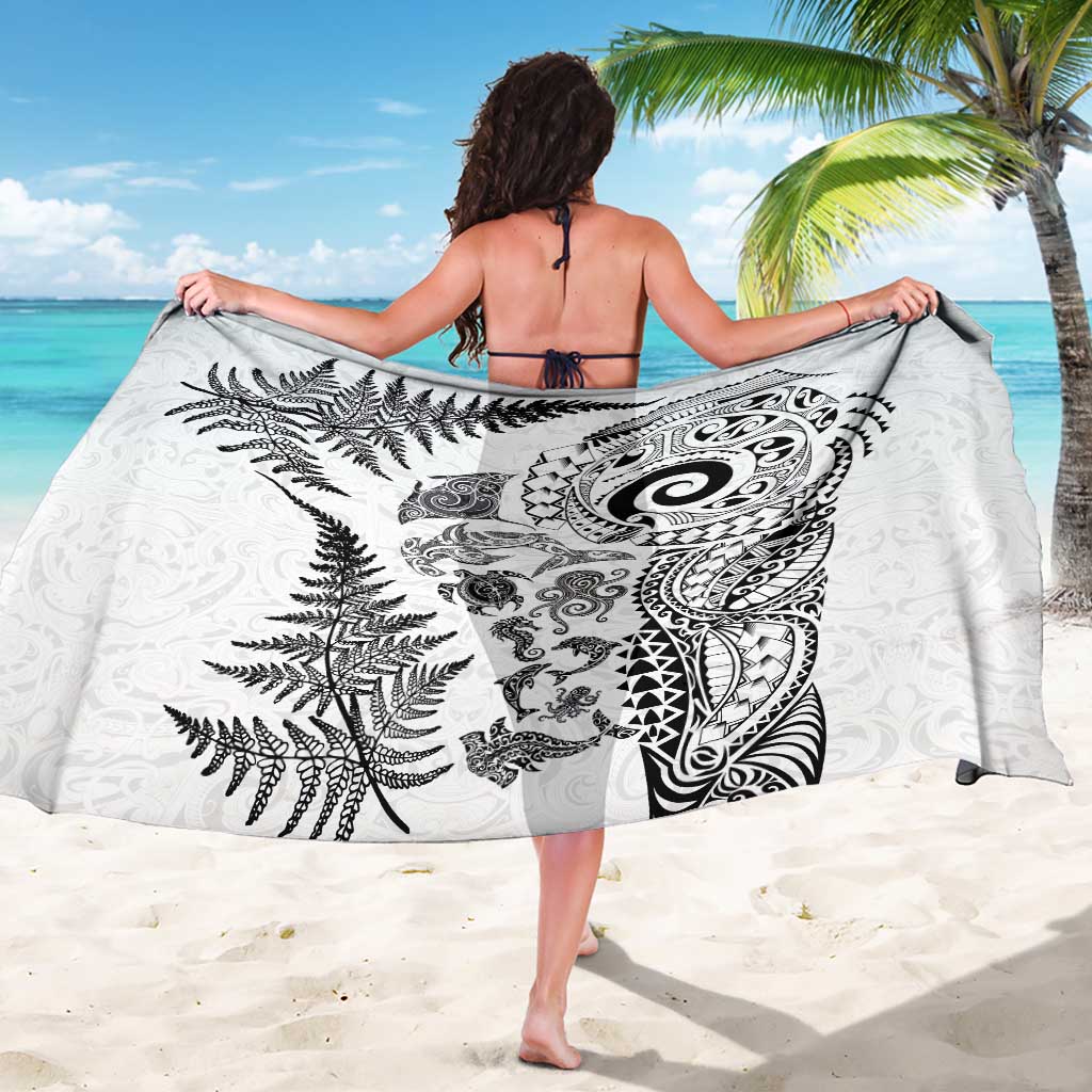 New Zealand Sea Animals Sarong with Maori Koru Tribal Tattoo and Silver Ferns White Color LT03 - Polynesian Pride