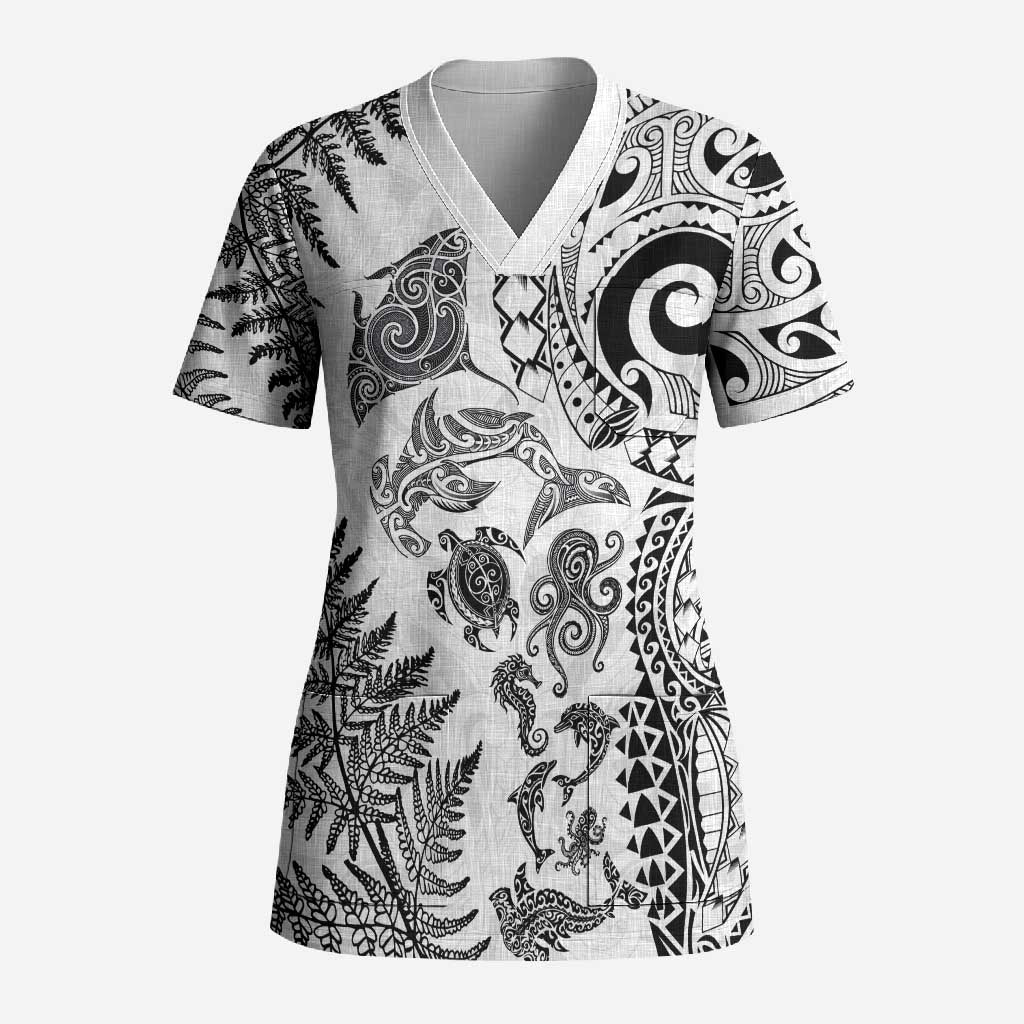 New Zealand Sea Animals Scrub Top with Maori Koru Tribal Tattoo and Silver Ferns White Color