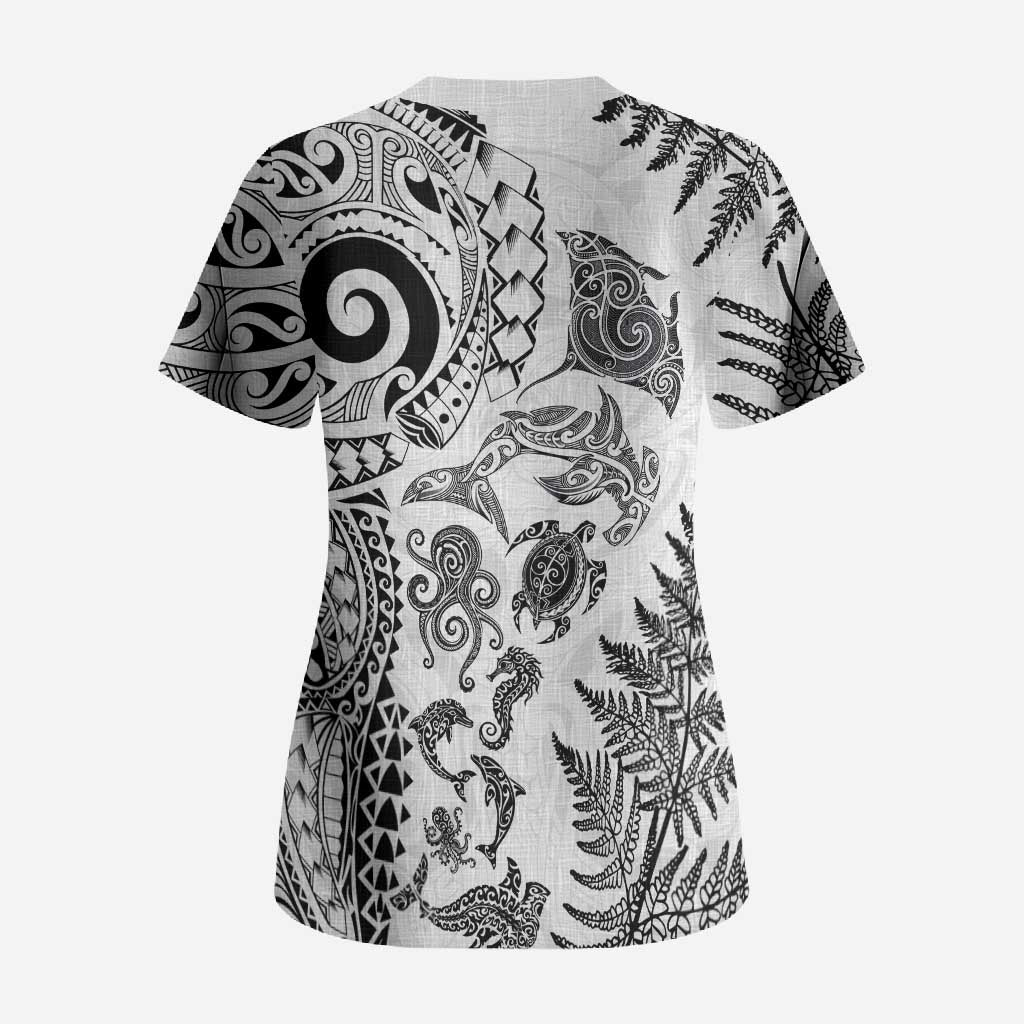 New Zealand Sea Animals Scrub Top with Maori Koru Tribal Tattoo and Silver Ferns White Color LT03 - Polynesian Pride