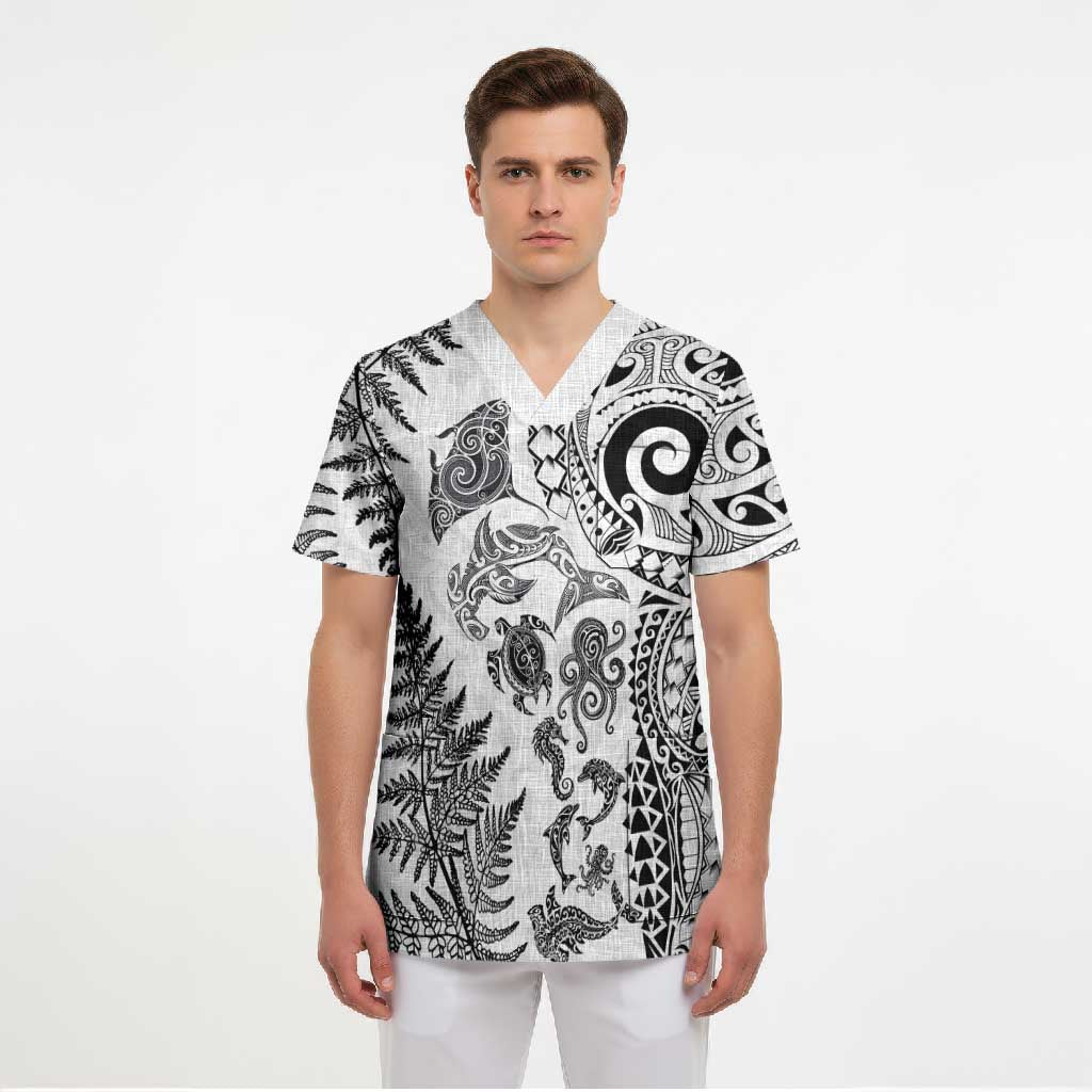 New Zealand Sea Animals Scrub Top with Maori Koru Tribal Tattoo and Silver Ferns White Color LT03 - Polynesian Pride