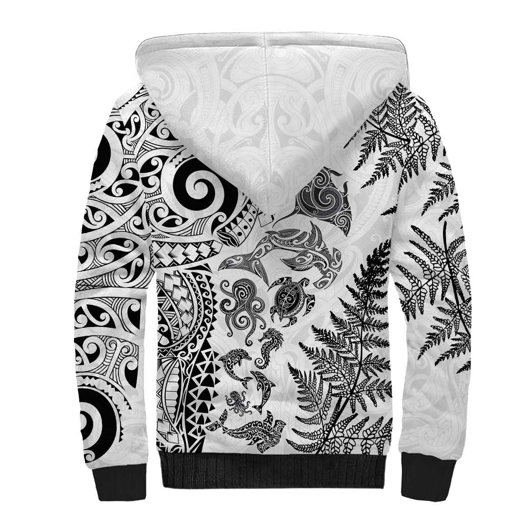 New Zealand Sea Animals Sherpa Hoodie with Maori Koru Tribal Tattoo and Silver Ferns White Color LT03 - Polynesian Pride