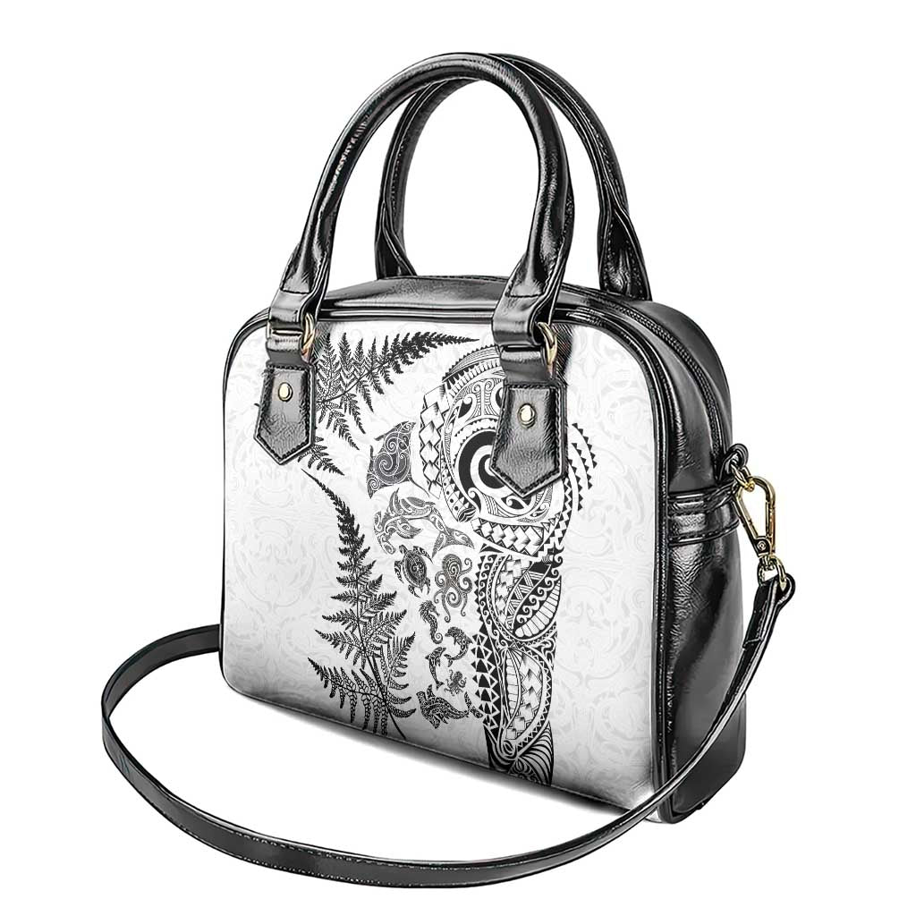 New Zealand Sea Animals Shoulder Handbag with Maori Koru Tribal Tattoo and Silver Ferns White Color