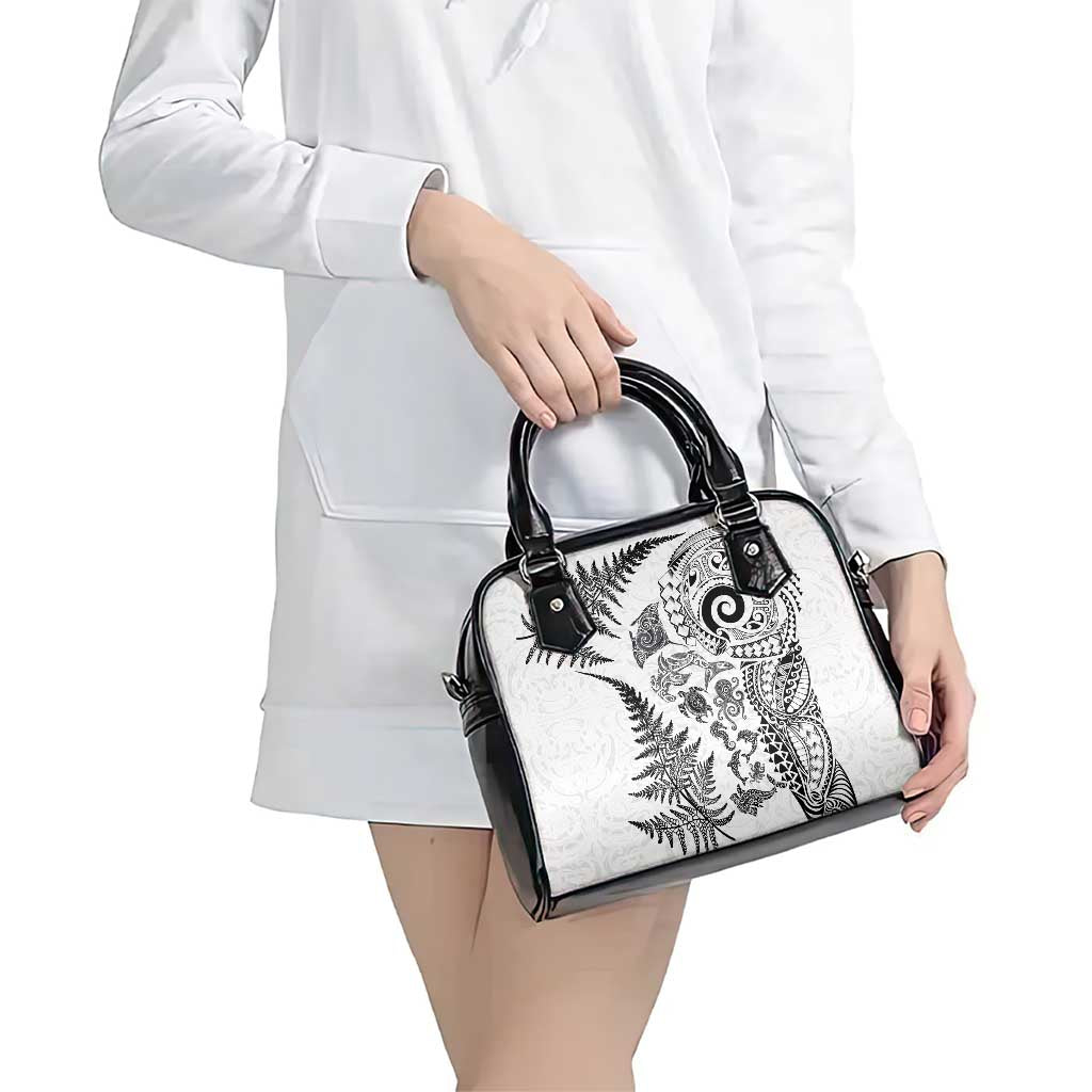 New Zealand Sea Animals Shoulder Handbag with Maori Koru Tribal Tattoo and Silver Ferns White Color