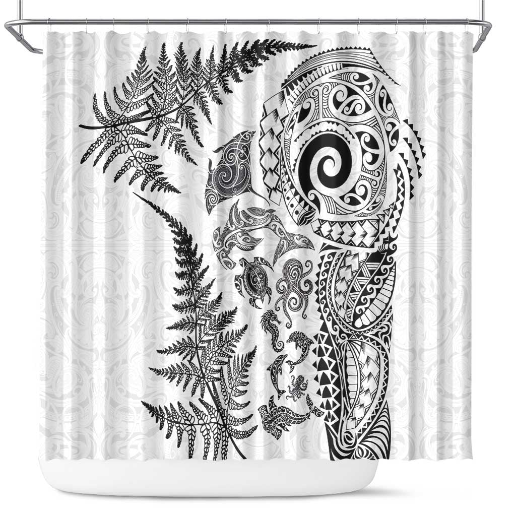 New Zealand Sea Animals Shower Curtain with Maori Koru Tribal Tattoo and Silver Ferns White Color