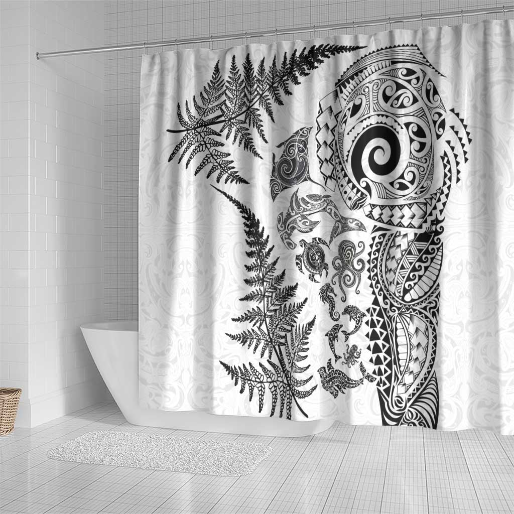 New Zealand Sea Animals Shower Curtain with Maori Koru Tribal Tattoo and Silver Ferns White Color LT03 - Polynesian Pride