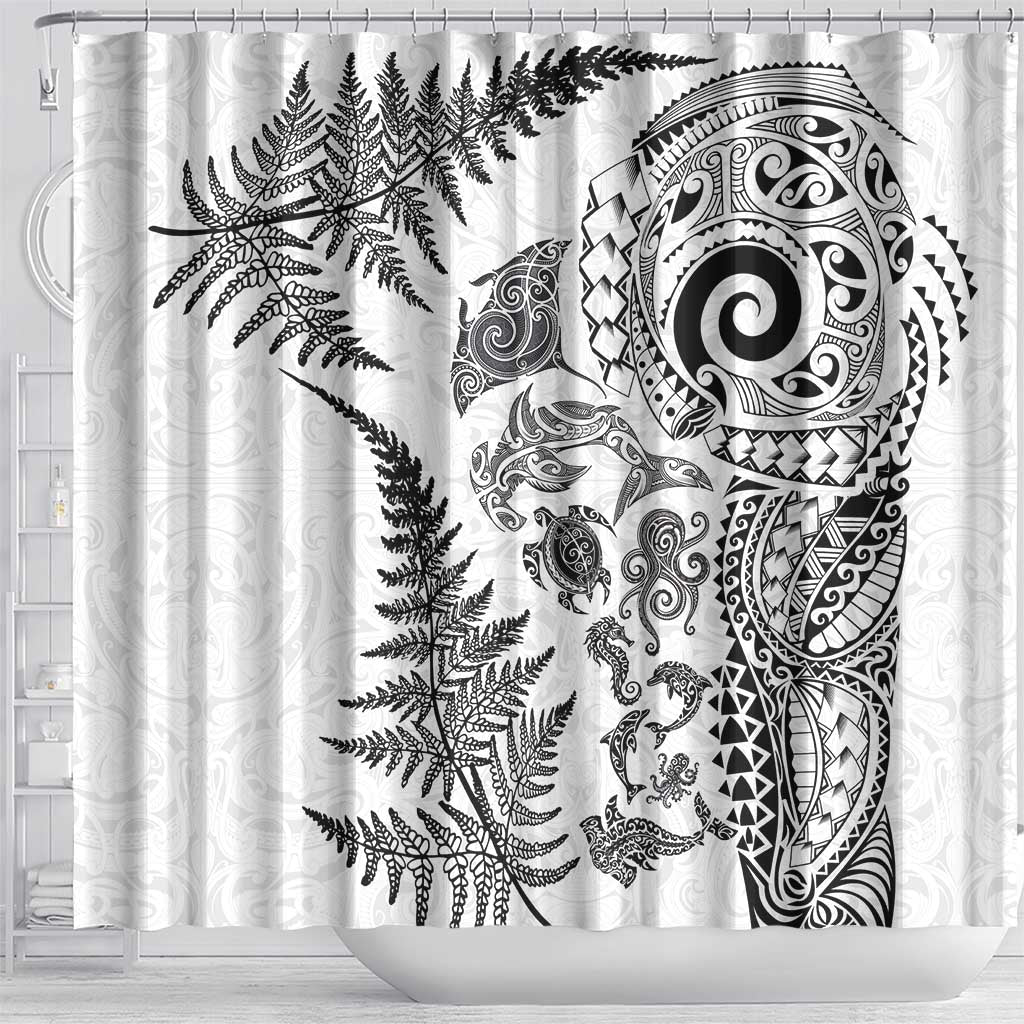 New Zealand Sea Animals Shower Curtain with Maori Koru Tribal Tattoo and Silver Ferns White Color LT03 - Polynesian Pride