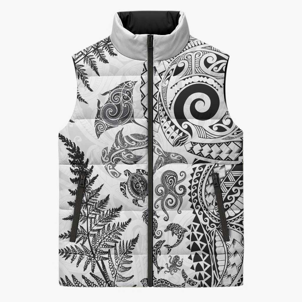 New Zealand Sea Animals Sleeveless Puffer Jacket with Maori Koru Tribal Tattoo and Silver Ferns White Color