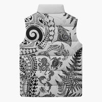 New Zealand Sea Animals Sleeveless Puffer Jacket with Maori Koru Tribal Tattoo and Silver Ferns White Color