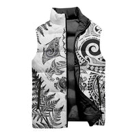 New Zealand Sea Animals Sleeveless Puffer Jacket with Maori Koru Tribal Tattoo and Silver Ferns White Color