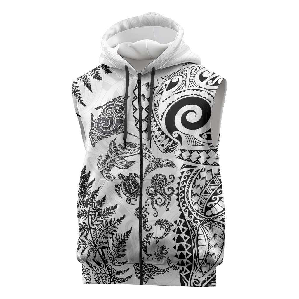 New Zealand Sea Animals Sleeveless Zip Hoodie with Maori Koru Tribal Tattoo and Silver Ferns White Color LT03 White - Polynesian Pride