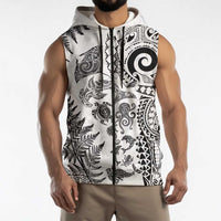 New Zealand Sea Animals Sleeveless Zip Hoodie with Maori Koru Tribal Tattoo and Silver Ferns White Color LT03 - Polynesian Pride