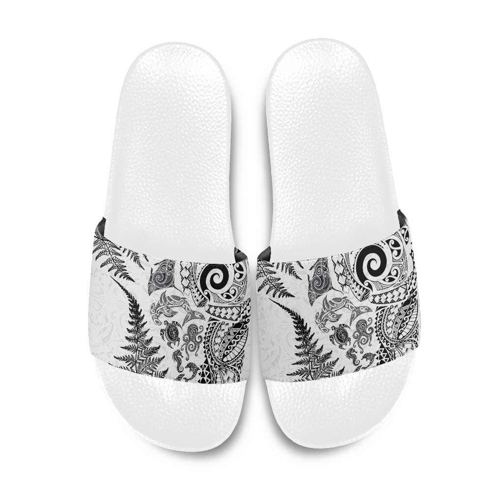New Zealand Sea Animals Slide Sandals with Maori Koru Tribal Tattoo and Silver Ferns White Color LT03 White - Polynesian Pride