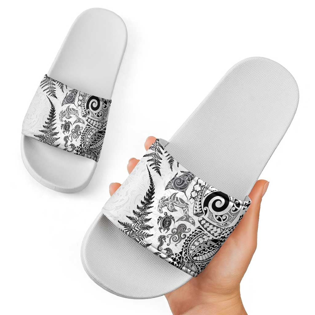 New Zealand Sea Animals Slide Sandals with Maori Koru Tribal Tattoo and Silver Ferns White Color LT03 - Polynesian Pride