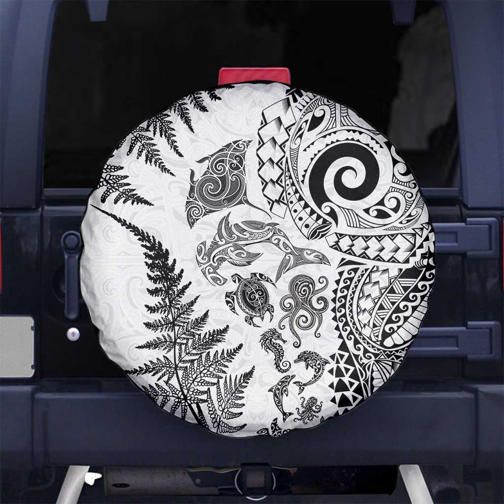 New Zealand Sea Animals Spare Tire Cover with Maori Koru Tribal Tattoo and Silver Ferns White Color LT03 No hole White - Polynesian Pride