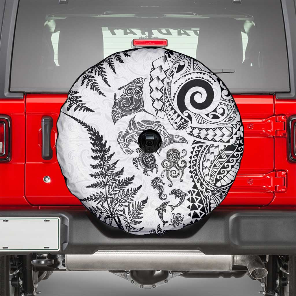 New Zealand Sea Animals Spare Tire Cover with Maori Koru Tribal Tattoo and Silver Ferns White Color LT03 - Polynesian Pride