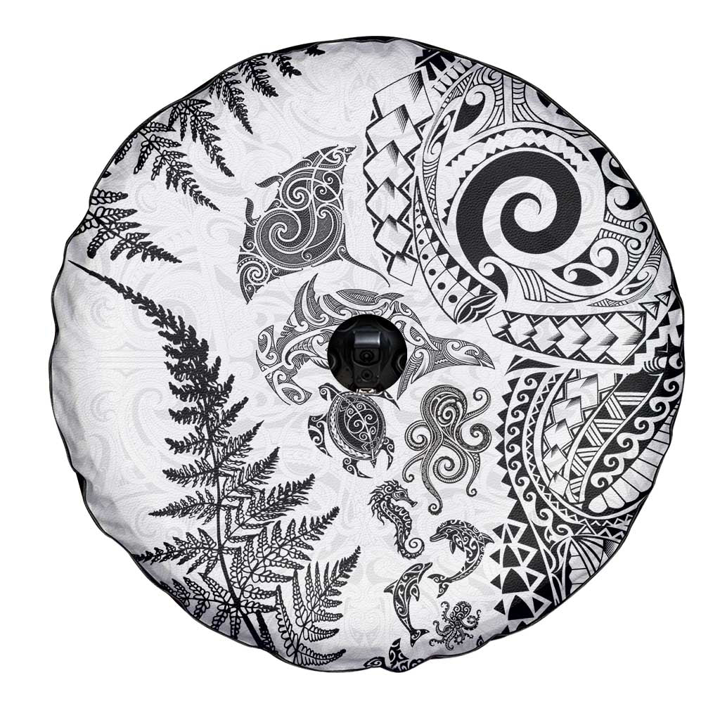 New Zealand Sea Animals Spare Tire Cover with Maori Koru Tribal Tattoo and Silver Ferns White Color LT03 - Polynesian Pride