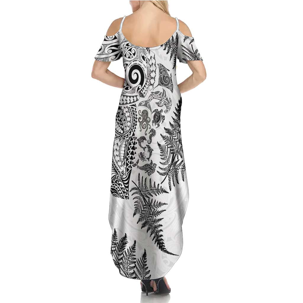 New Zealand Sea Animals Summer Maxi Dress with Maori Koru Tribal Tattoo and Silver Ferns White Color LT03 - Polynesian Pride