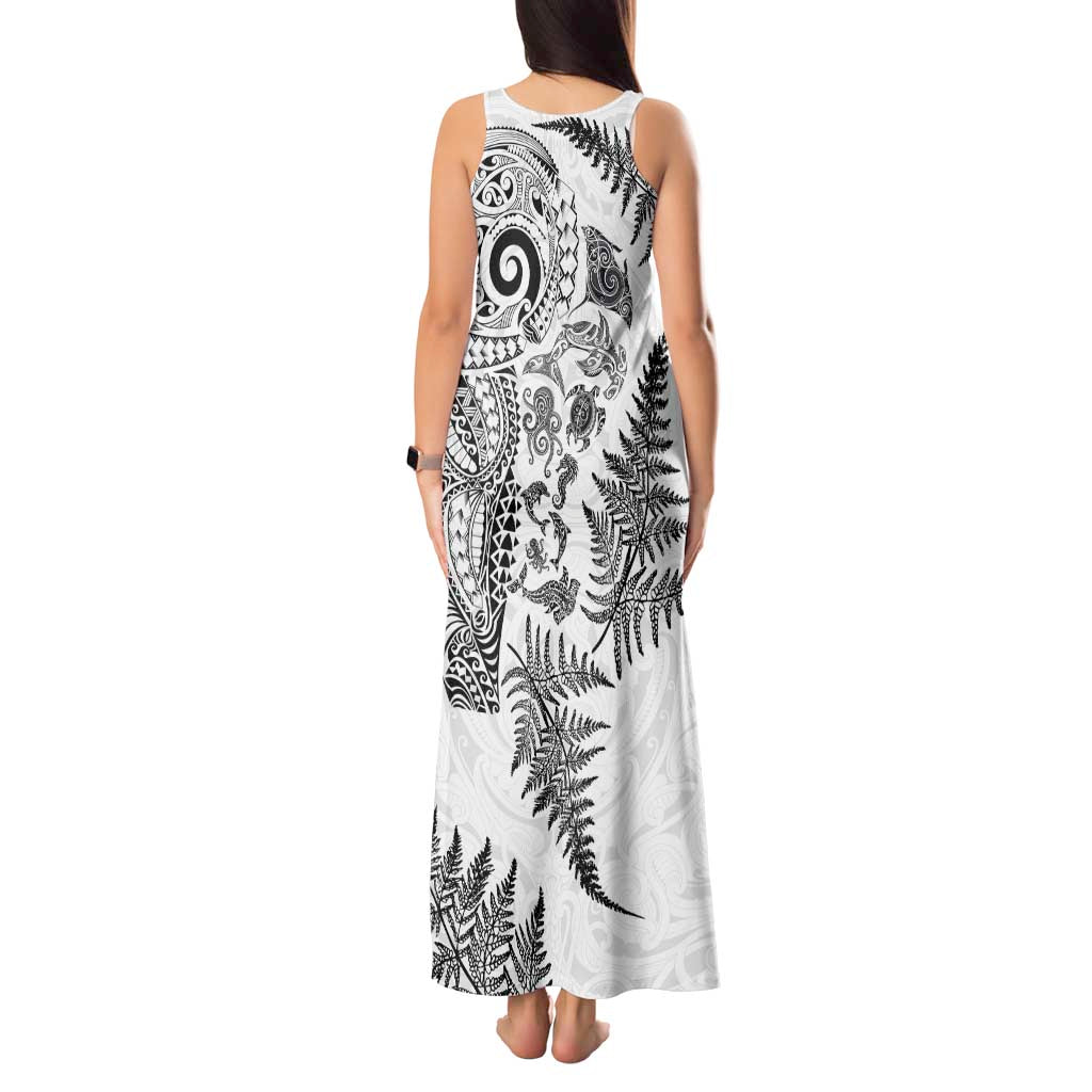 New Zealand Sea Animals Tank Maxi Dress with Maori Koru Tribal Tattoo and Silver Ferns White Color