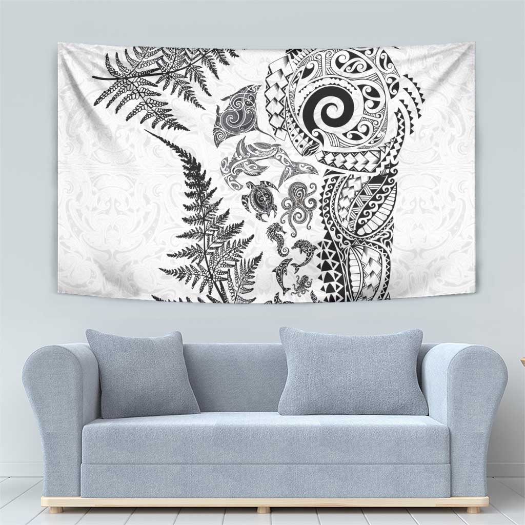 New Zealand Sea Animals Tapestry with Maori Koru Tribal Tattoo and Silver Ferns White Color LT03 - Polynesian Pride