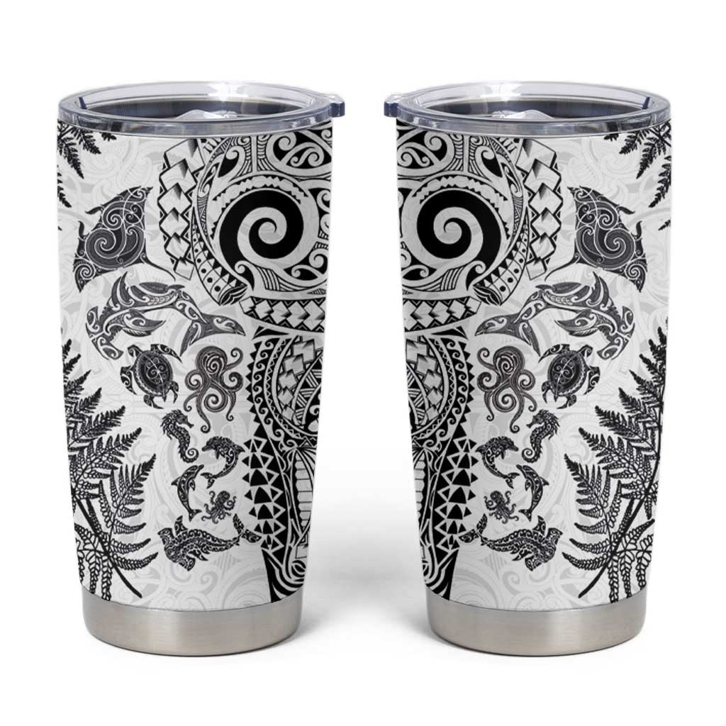 New Zealand Sea Animals Tumbler Cup with Maori Koru Tribal Tattoo and Silver Ferns White Color LT03 White - Polynesian Pride
